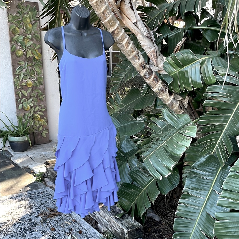 lilac purple slip dress with drop waist and ruffled hem
